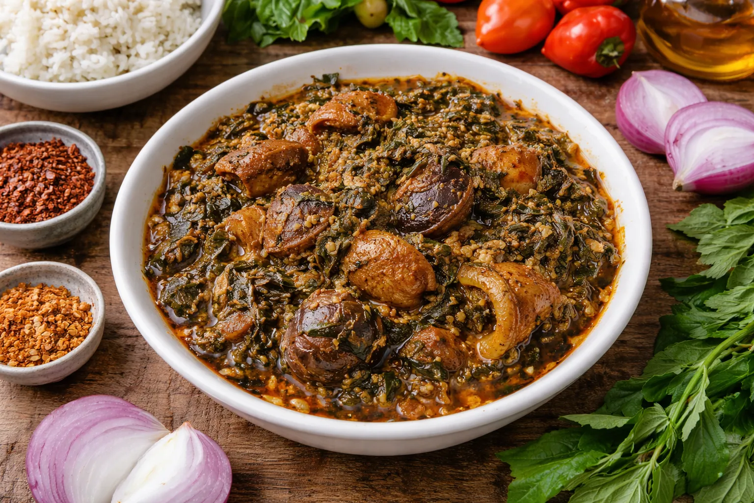 Afang Soup authentic Nigerian dish at Lochi Afro Nija restaurant in Edmonton, AB